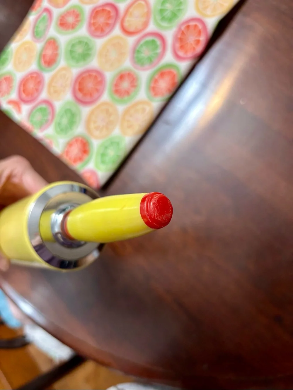 VTG 1950’s Yellow Melamine Rolling Pin with Red and Chrome Detailing MCM kitchen
